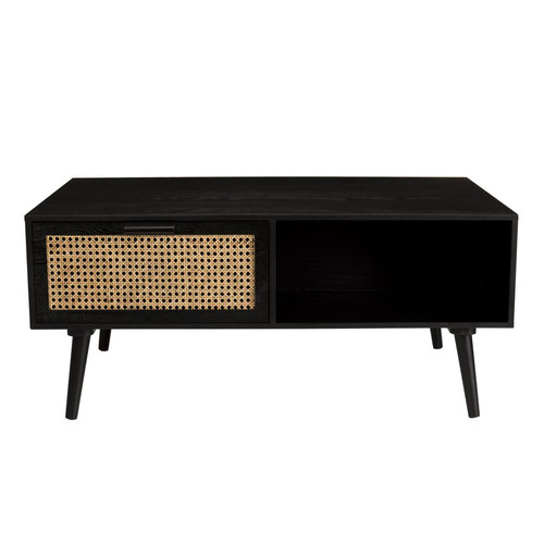 Macabane - Table basse noire 2 tiroirs cannage 1 niche - MIKEL - Tables basses scandinaves