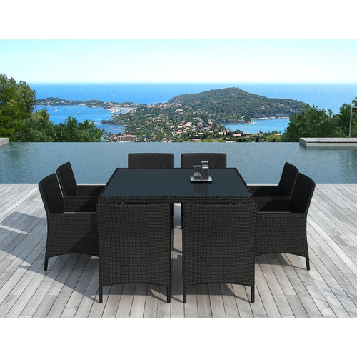 3S. x Home - Table Repas Outdoor + 8 Fauteuils En Résine Tressée Noir MALAGA - Ensemble Table Et Chaise Design