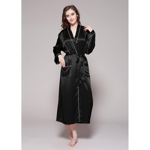 Robe De Chambre Longue En Soie Bordure Contraste noir LilySilk Mode femme