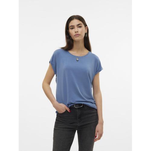 T-shirt longueur regular col rond épaules tombantes manches courtes bleu Cléo en coton Vero Moda Mode femme