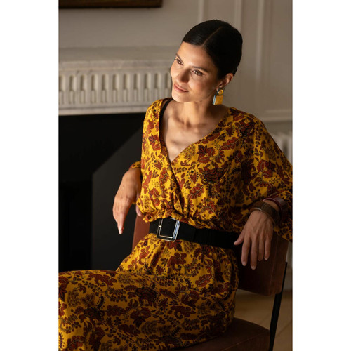 Robe longue imprimée toile de jouy- Ava jaune en viscose 3S. x Réédition