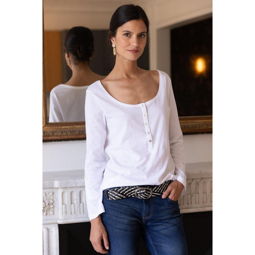 3S. x Le Vestiaire - Tee shirt manches longues boutonné devant blanc Vasco - Promo vetements femme blanc
