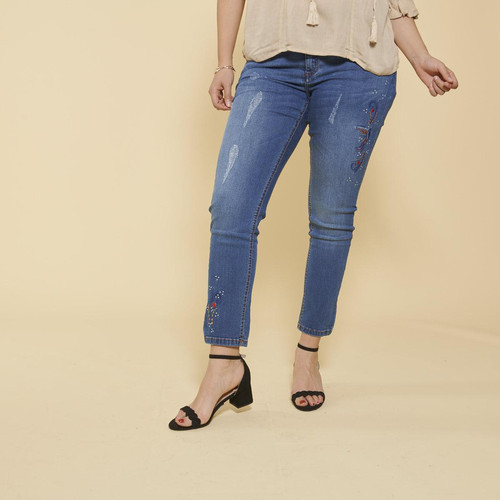 3 SUISSES - Jean coupe 5 poches aspect délavé déchirures et broderie grandes tailles femme - Bleu - Promo Jean