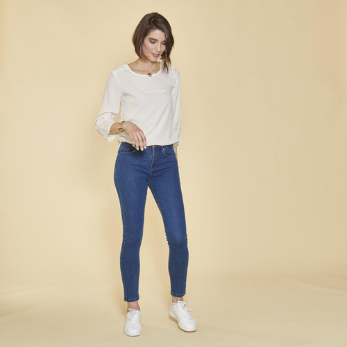 3 SUISSES - Jean skinny taille haute pierres fantaisie sur poche femme - bleu foncé - Promo Jean
