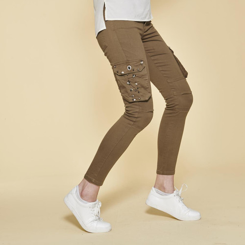 3 SUISSES - Pantalon cargo sur chevilles poches latérales et coutures genoux femme - Kaki - Promo Pantalon