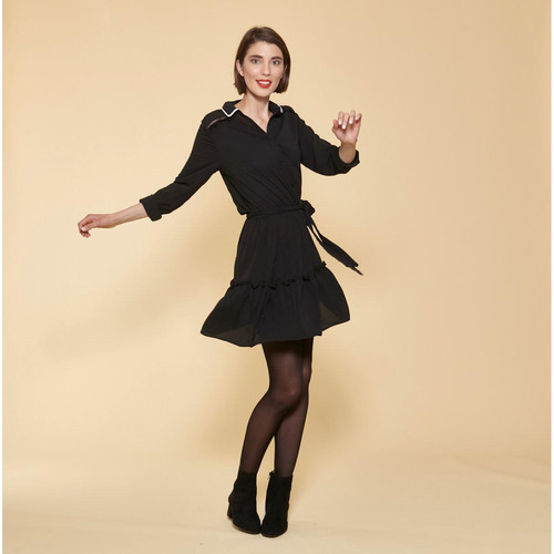 3 SUISSES - Robe courte manches longues taille élastique et ceinture contrastée femme - Noir - Robe habillée femme