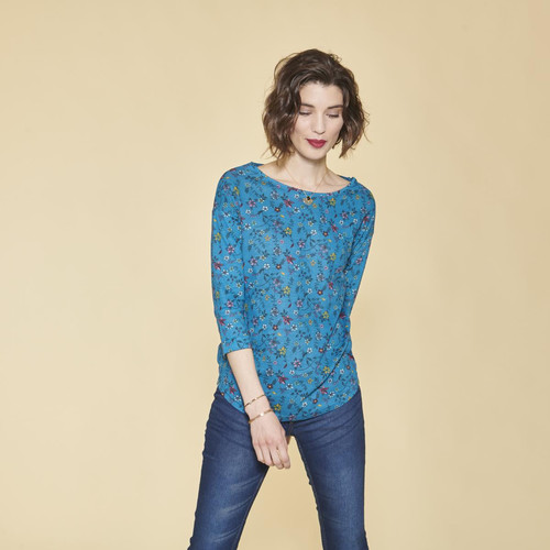 3 SUISSES - Tee-shirt imprimé floral manches 3/4 à revers femme - Bleu Pétrole - t shirts imprimés femme