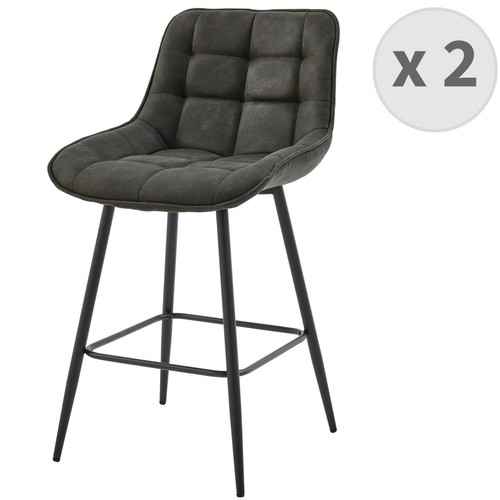 3S. x Home - lot de 2 fauteuils de bar vintage en microfibre Ebène et métal noir - Collection Vintage Meubles et Déco