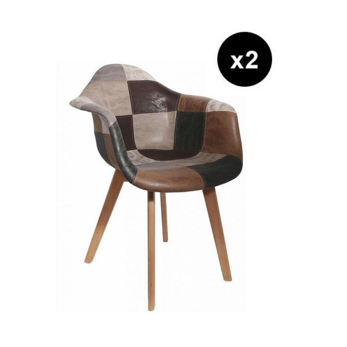 3S. x Home -  Lot de 2 Chaise Scandinave avec Accoudoir Patchwork Marron FJORD - Chaise Et Tabouret Et Banc Design