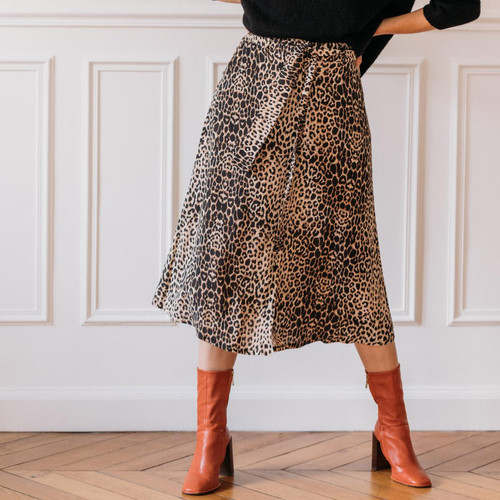 Jupe mi-longue boutonnée devant léopard Beige en viscose 3S. x Le Vestiaire Mode femme