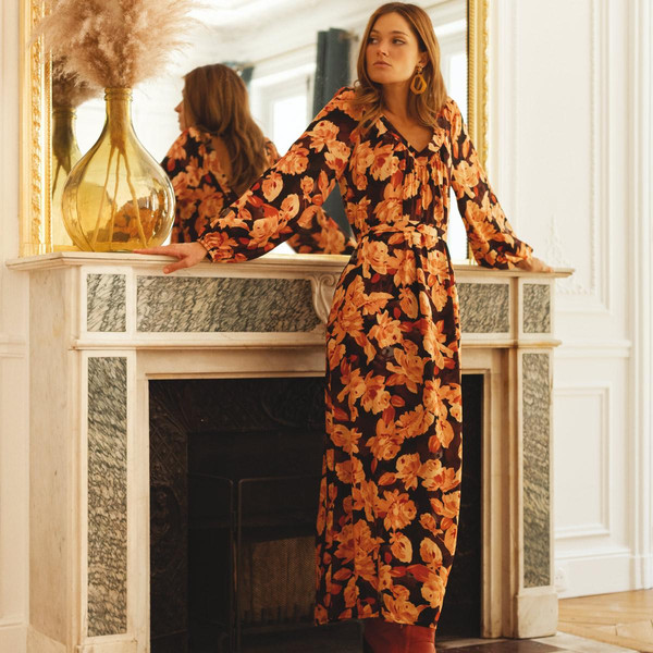 Robe longue imprimée Nancy orange en viscose 3S. x Réédition Mode femme