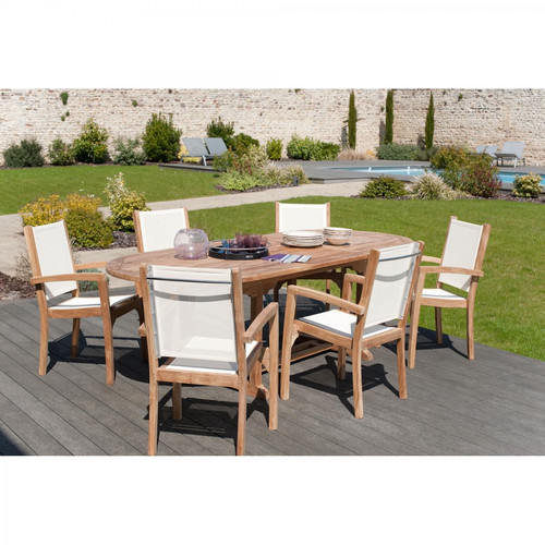 Macabane - Ensemble table ovale extensible + 6 fauteuils empilables en teck massif et textile - Ensemble Table Et Chaise Design
