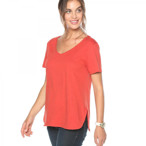 Venca - Tee-shirt col V manches courtes bas arrondi femme Rouge - T shirts unis