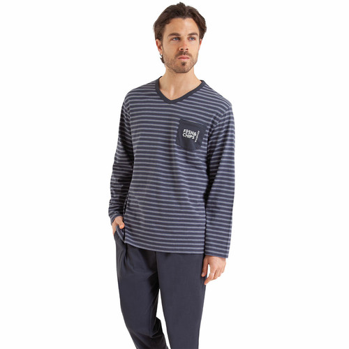 Athéna - Pyjama long Rayures Fish & Chips gris en coton pour homme  - Promo Sous-vêtement & pyjama