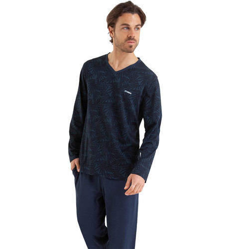 Athéna - Pyjama long Easy Print bleu en coton pour homme  - Promo Sous-vêtement & pyjama