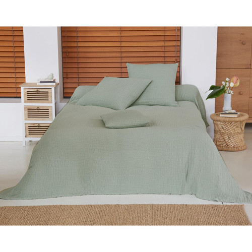 Becquet - Jeté de lit WELLS vert en gaze de coton - Couvre-Lit Et Jeté De Lit Design