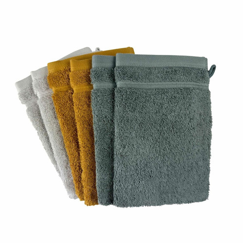 Lot de 6 gants de toilette coton d'Egypte vert de gris Gris Becquet Linge de maison