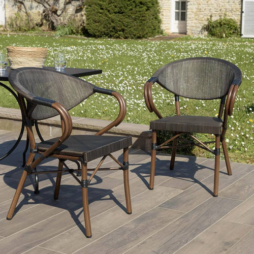 Macabane - Lot de 2 chaises de jardin bistrot en acier textilène marron VIANNEY - Chaise de jardin