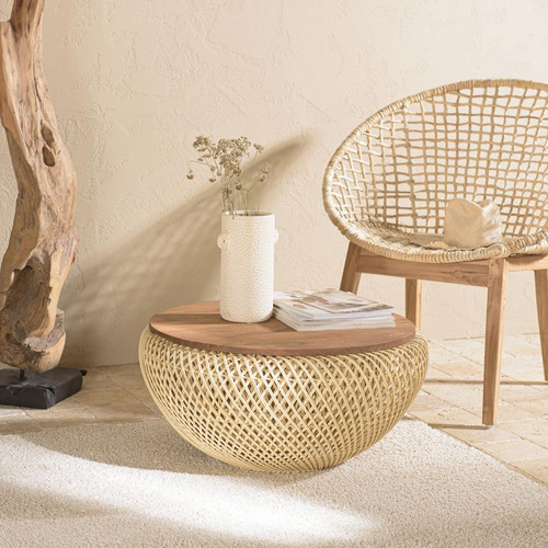 Macabane - Table basse ronde 65x65cm en rotin beige plateau amovible  - Nouveautés Meuble Et Déco Design