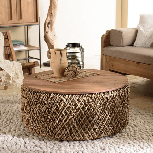 Macabane - Table basse ronde 85x85cm en tissage de fibre de cocotier  - Table Basse Design