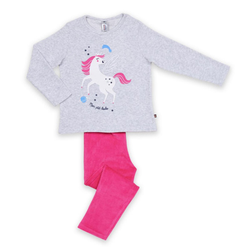 Pyjama Long fille en Coton - Gris Chiné Imprimé / Rose Uni  Mon P'tit Dodo LES ESSENTIELS ENFANTS