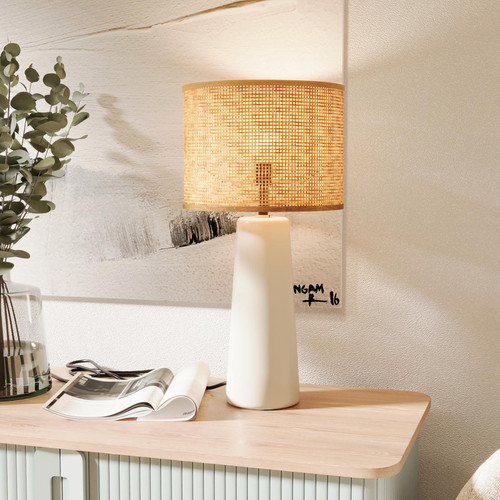 POTIRON PARIS - Lampe à poser en céramique blanche et rotin  - Promo Lampes et luminaires Design
