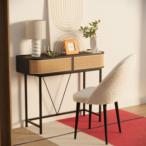 Table console noire en bois avec tiroirs rotin tressé pieds métal DAPHNE Bois POTIRON PARIS Meuble & Déco